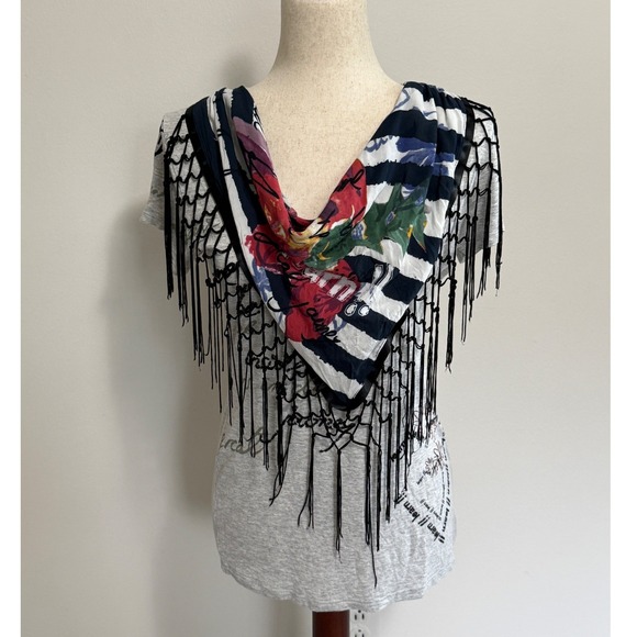 Desigual Tops - Desigual Scarf Fringe Top Women M Gray Floral Graphic Short Sleeve Excellent